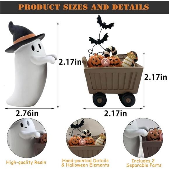 Spooky Resin Ghost Figurines with Candy Cart for Halloween Tabletop Mantel - Picture 2 of 7